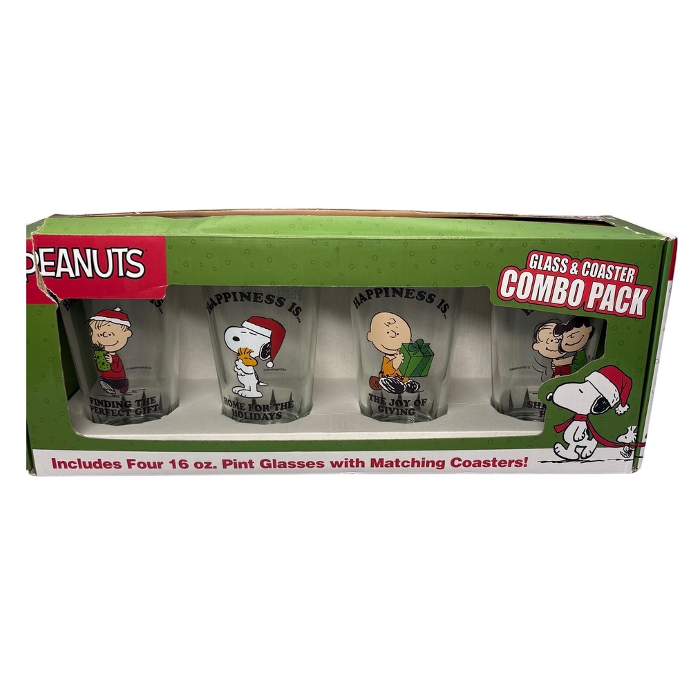 Peanuts Christmas Pint Glasses & Coasters‎ 16 oz Holiday Combo Pk New Happiness